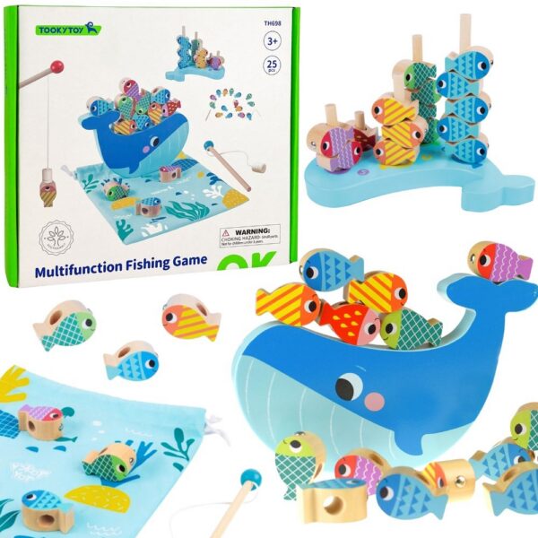TOOKY TOY Drewniana Gra Wieloryb i Rybki Wielofunkcyjna 4 w 1