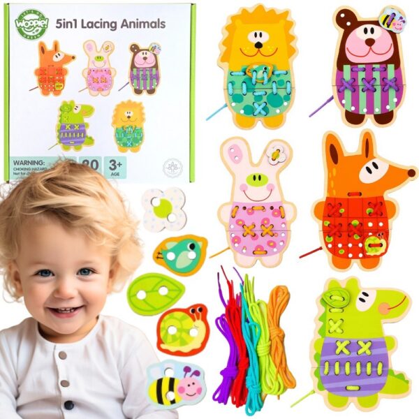 WOOPIE GREEN Drewniana Sznurowanka 5w1 Zwierzątka do Nawlekania