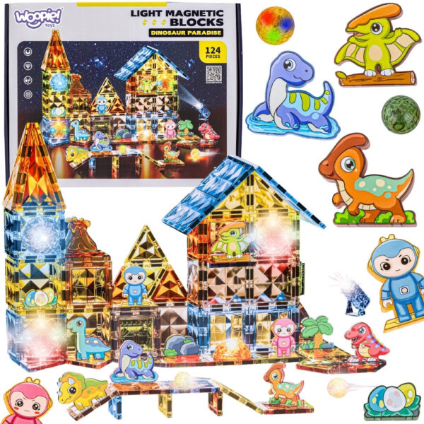 WOOPIE Klocki Magnetyczne Konstrukcyjne Świecące 3D Park Dinozaurów 124el.
