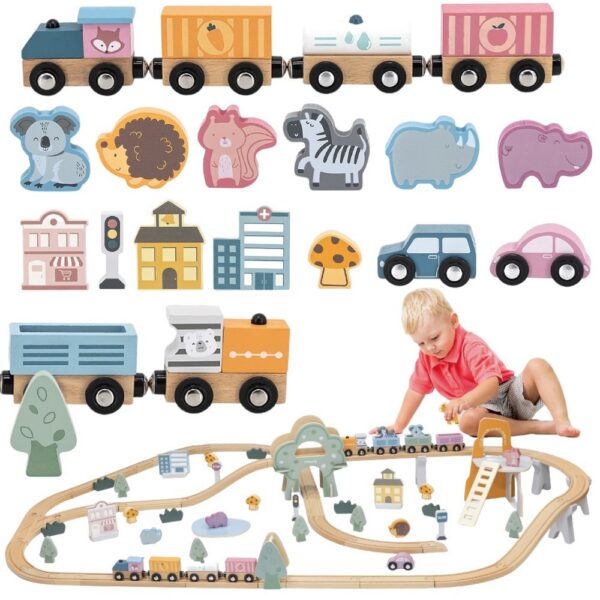 VIGA PolarB Drewniana kolejka dla dzieci Pociąg Tor 90 elementów
